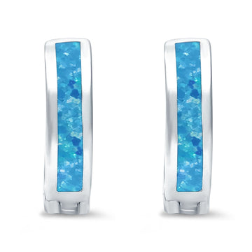Hoop Huggie Earrings Lab Created Blue Opal 925 Sterling Silver (12mm)